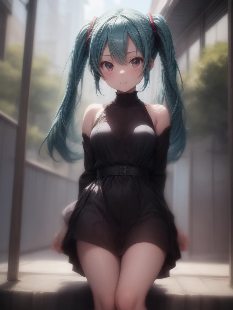 The background is in the style of Makoto Shinkai, with the viewer sitting in nature under a clear blue sky.。
Hatsune Miku in a shoulder-baring dress。
The color of the dress is white。
A sexy, mature atmosphere reminiscent of Minato Ward girls。
Hair is straight。