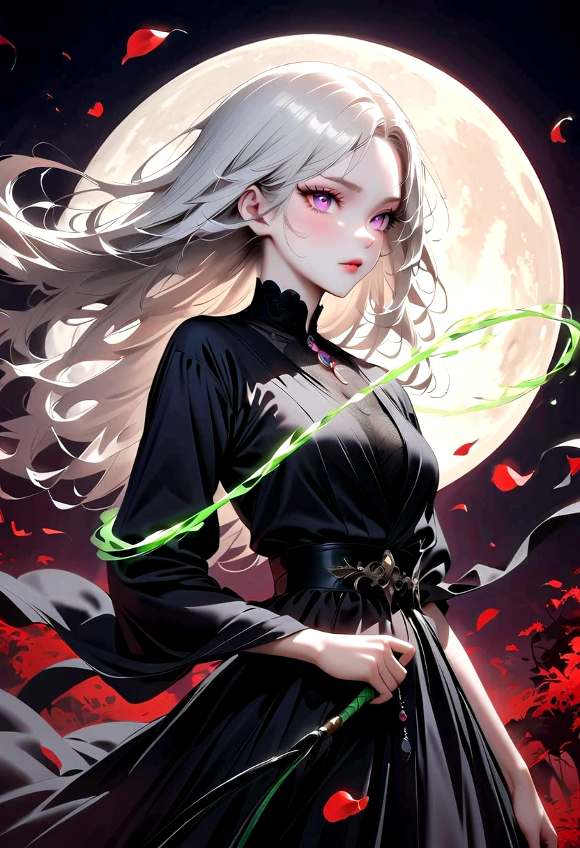 1 Girl, Beautiful and delicate eyes, Beautiful and delicate lips, Extremely detailed eyes and face, Long eyelashes, Elegant Posture, White long hair, Black pleated skirt, Glowing Green Whip, Motion Blur, Petals in the air, Blurred foreground, Focus on the face, Japanese anime art style, Powerful energy, Dynamic Action, new moon, dark purple tones,
