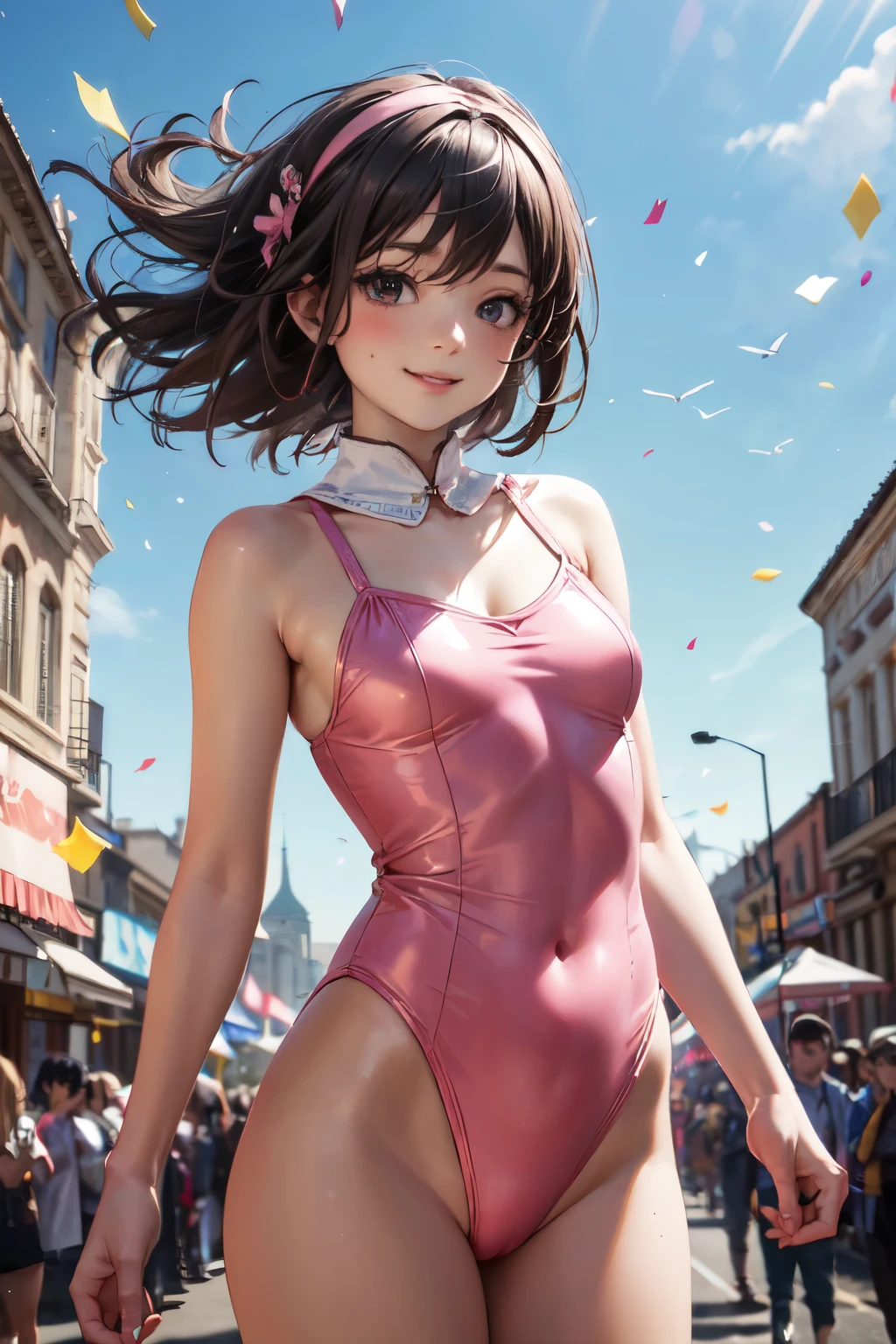 very cute and beautiful girl,(highly detailed beautiful face and eyes:1.2),(pink leotard:1.2),(sleeveless),(laugh),
festival in town street,(parade:1.2),(many people wearing pastel costume),flags,confetti in sky,outdoors,depth of field,
(cowboy shot),zettai ryouiki,standing,detailed legs,dynamic pose,dynamic angle,black hair,hair band,
(best quality,masterpiece:1.2),intricate details,highres,solo focus,natural lighting,hair fluttering in the wind,