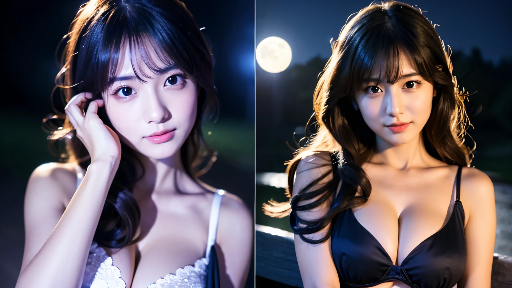 A very beautiful moonlit night、A woman with a very cute face like an idol、Cleavage、Facial depictions indistinguishable from real-life imageasterpiece