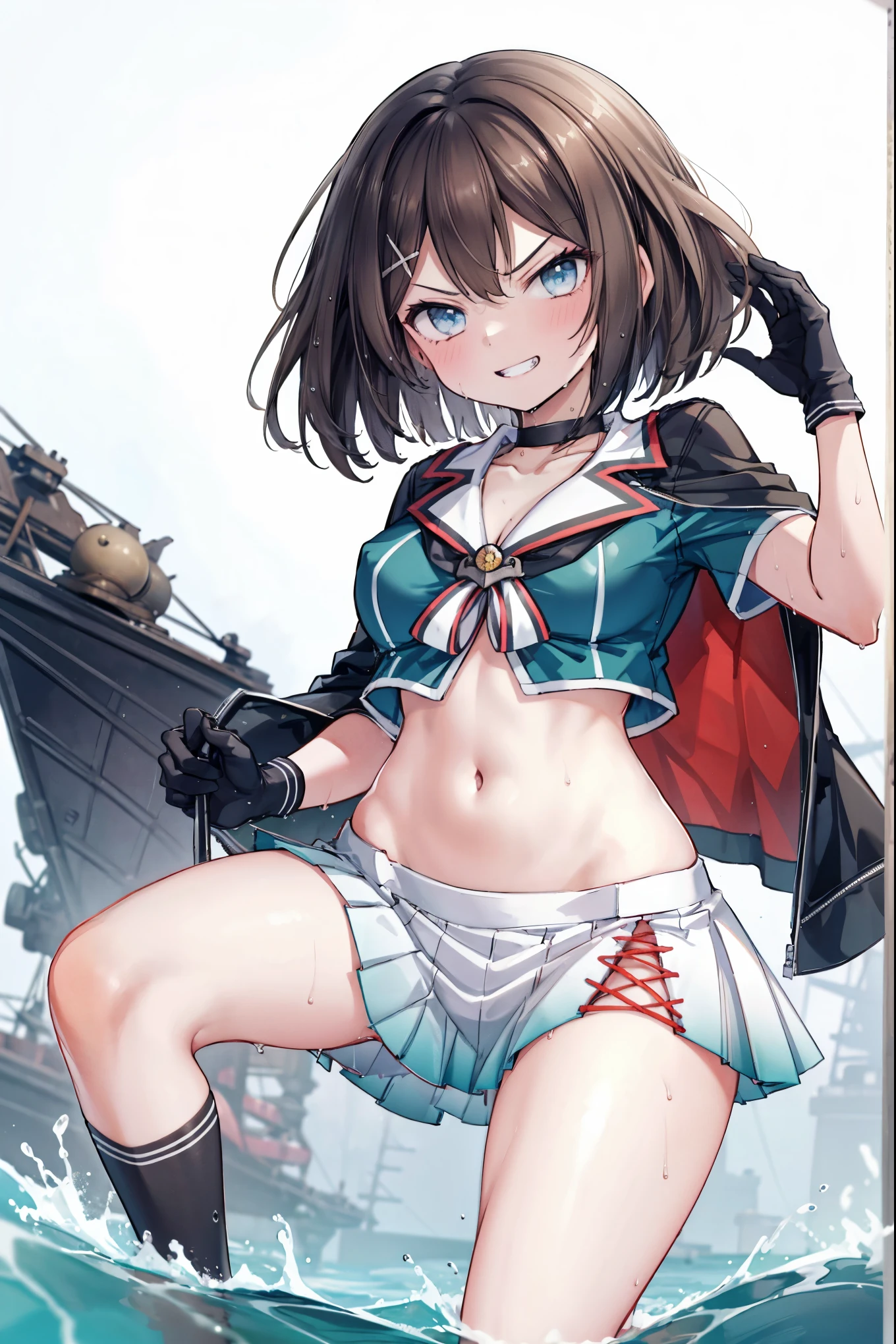1young_teen_ girl, , brown_hair, medium_bob_hair, blue_midriff_baring_sailor_uniform, mini_skirt, short_sleeve, thighs, big_breasts, angry, smile, grin, standing, harbor_background, slightly_spread_Legs, happiness, short_gloves, wet,,covered_nipples, covered_crotch,Maya_flag,
