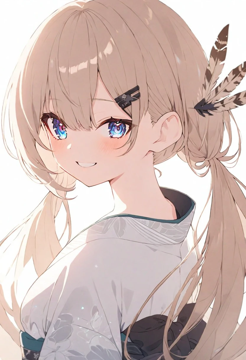(muste piece), (best quality), very detailed eyes, expressive eyes, perfect face, very detailed face, highly detailed face, beautiful girl, 8K, beautiful girl, white background, delicate and beautiful face and eyes, dark intense shadow, 
1 girl, vtuber style, cool girl, hololive, mumei, very long hair, feather hair ornament, hairclip, low twintails, kimono, small chest, clavicle, one eye close winking, smile, (whole body), standing, from back, looking back, sunrsing, 