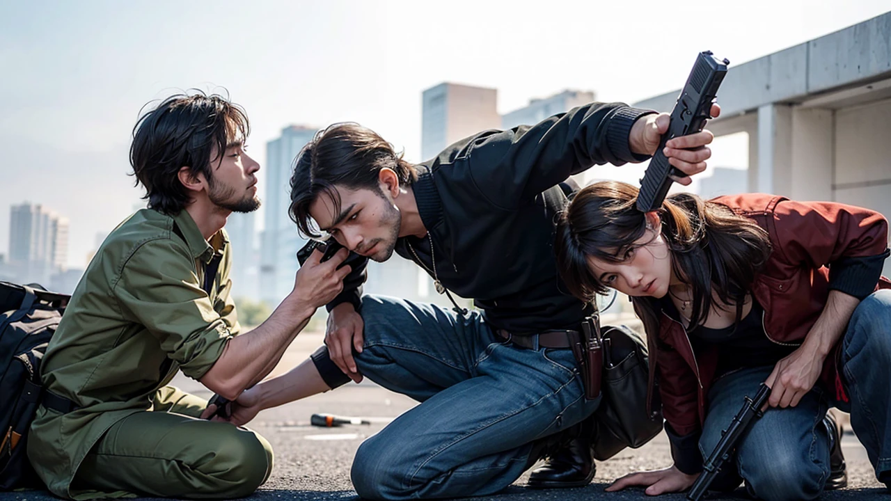 A bloody man points a gun at a man who kneels and raises both hands