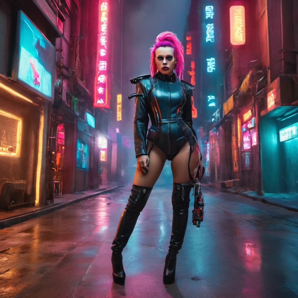 Beautiful girl in cyberpunk style, neon blue and pink hair with dreadlocks in a blue leather outfit. The girl is shoulder-high, She stands defiantly in an alley full of signs and motorcycles falling on the city.. Отбрасывание резких теней, неоновые огни создают яркий контраст с тускло освещенным окружением. эпический, киноtic and dramatic atmosphere, further accentuated by stunning matte Рисование.3D цифровая графика, фотореалистичный, ультрареалистичный, 32 тыс., 18К, HD, HDR, UHDR мода, яркий, Темная Фэнтези, Рисование, Иллюстрация, кино
