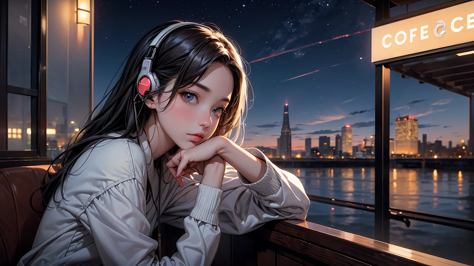 ((masterpiece)),(((bestquality))),((ultra-detailed)) realisticlying, 1 girl, Beautiful, wearing headphones, enjoying hot coffee solo, Late Night Cafe, looking to viewer, city, starry sky, cloud, night.