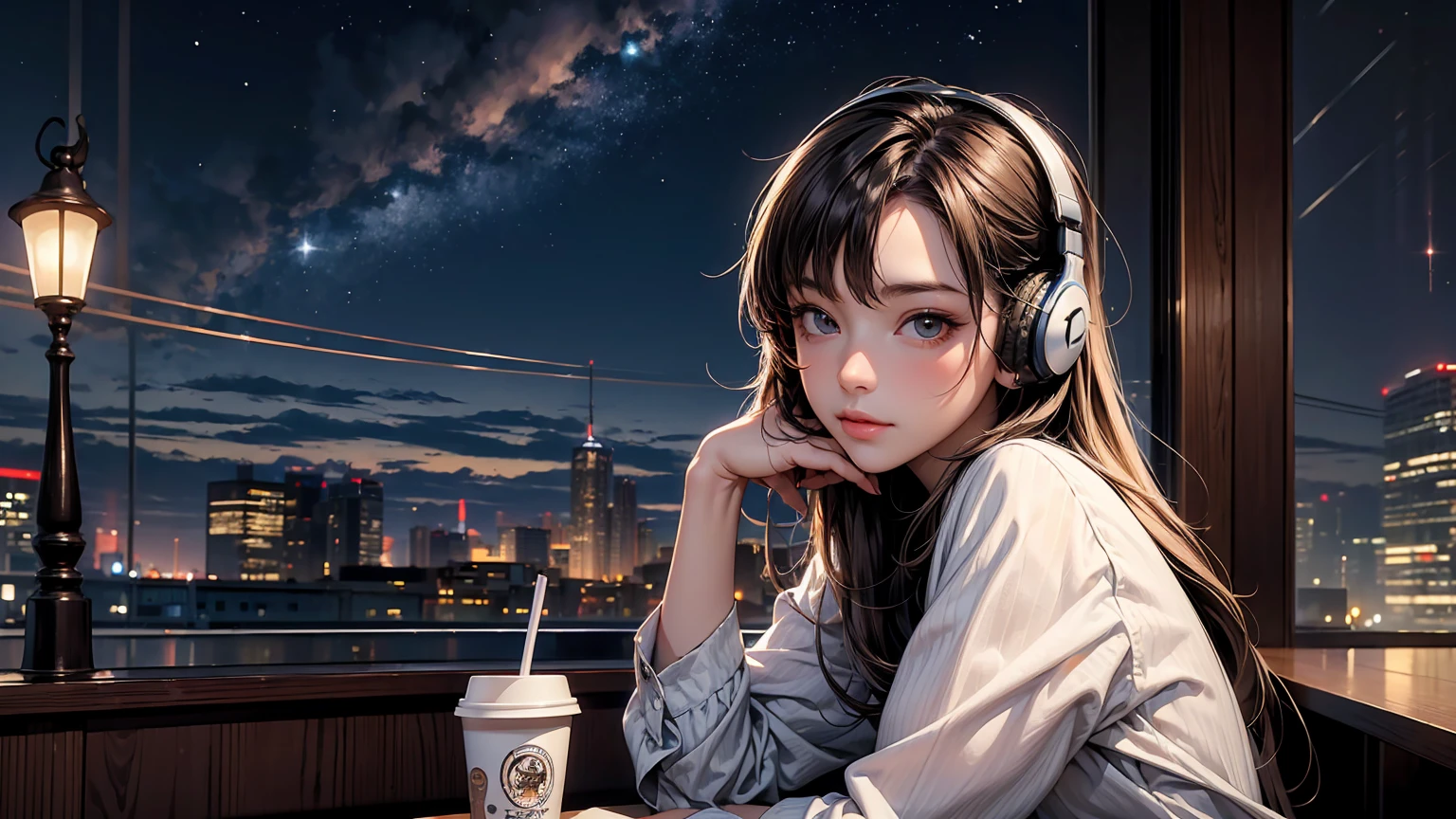 ((masterpiece)),(((bestquality))),((ultra-detailed)) realisticlying, 1 girl, Beautiful, wearing headphones, enjoying hot coffee solo, Late Night Cafe, looking to viewer, city, starry sky, cloud, night.