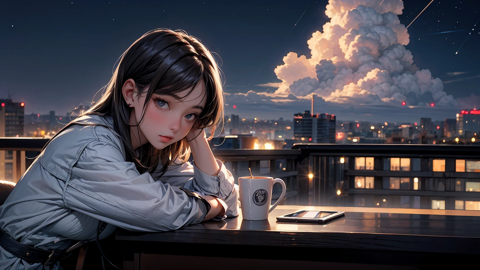 ((masterpiece)),(((bestquality))),((ultra-detailed)) realisticlying, 1 girl, Beautiful, wearing headphones, enjoying hot coffee solo, Late Night Cafe, looking to viewer, city, starry sky, cloud, night.