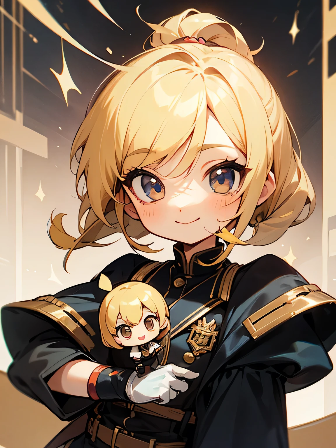 ((chibi)),solo, retro hairstyle, blonde, smile, black general's clothes,