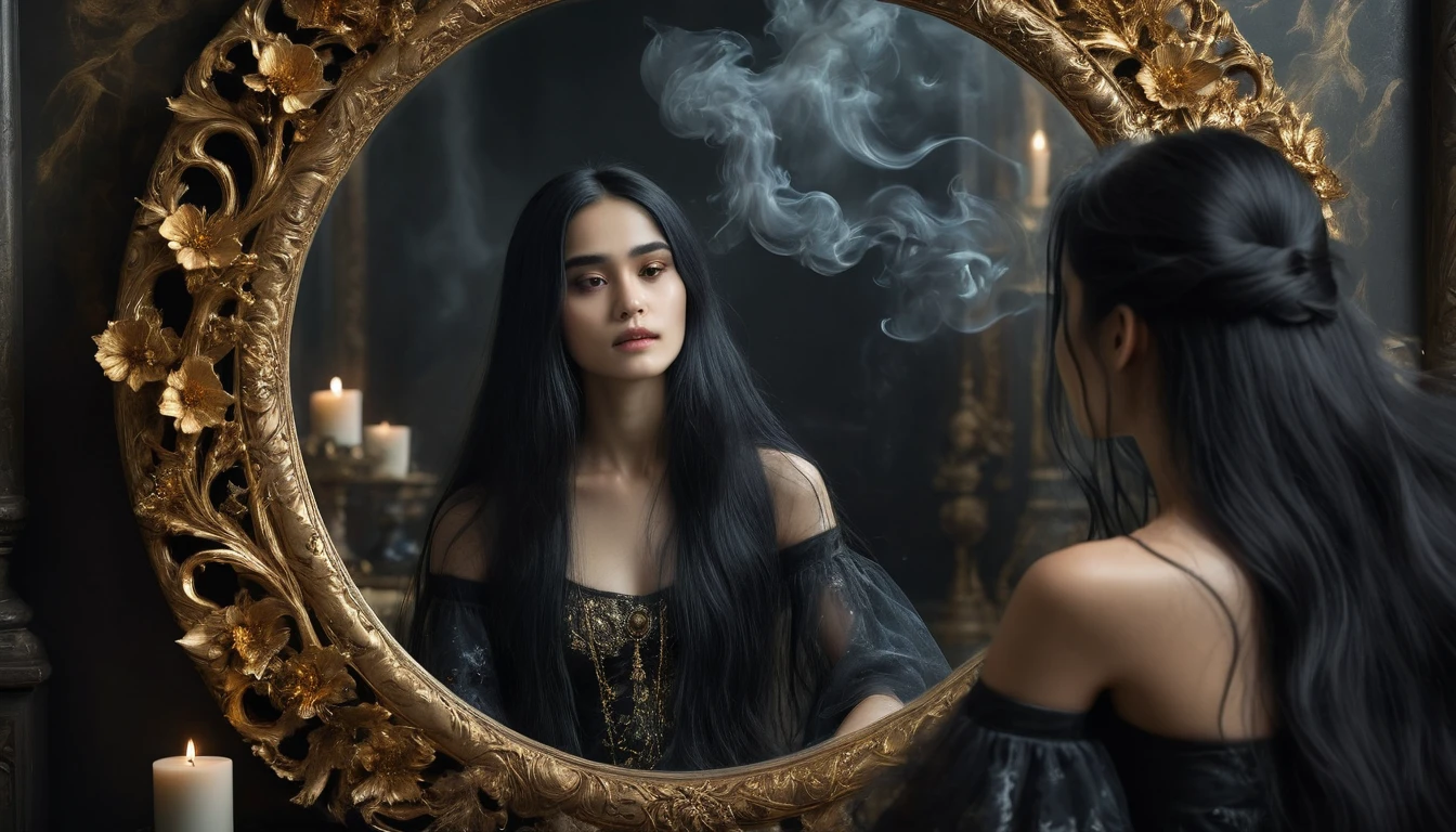 1girl, looking at the mirror, sitting, the death reflection, golden circle frame floral carved mirror, long black hair, mystical elemental, ethereal, dark smoke surrounded, dramatic light, creepy scene, crisp, terrifying, dimmed light, a hand bone emerged from the mirror, super detailed, UHD, 8k, epic realism, fantasy art, photo art.