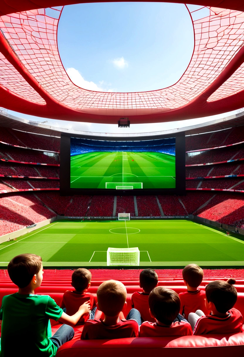 A beautiful soccer stadium during daylight, filled with vibrant red-themed seats and surroundings. In the middle of the stadium, two kids are sitting on colorful bean bags on the grass, engrossed in playing PlayStation. They are playing FIFA on two enormous, stadium-sized LED TV screens, shaped like traditional TVs. The scene captures the vivid realism and intensity of the game, with the LED screens displaying high-definition graphics of a soccer match. The atmosphere is lively and energetic, with the sunlight illuminating the entire stadium, creating a bright and cheerful ambiance. The kids' expressions show excitement and concentration, fully immersed in the game. The grass is lush and green, contrasting beautifully with the red seats and the massive LED screens.Details and Effects:Environment: Soccer stadium, daylight, vibrant red-themed seats, lush green grass.Subjects: Two kids, colorful bean bags, playing PlayStation.Screens: Two enormous LED TV screens, traditional TV shape, high-definition FIFA gameplay.Atmosphere: Lively, energetic, bright sunlight, cheerful ambiance.Expressions: Excitement, concentration.
