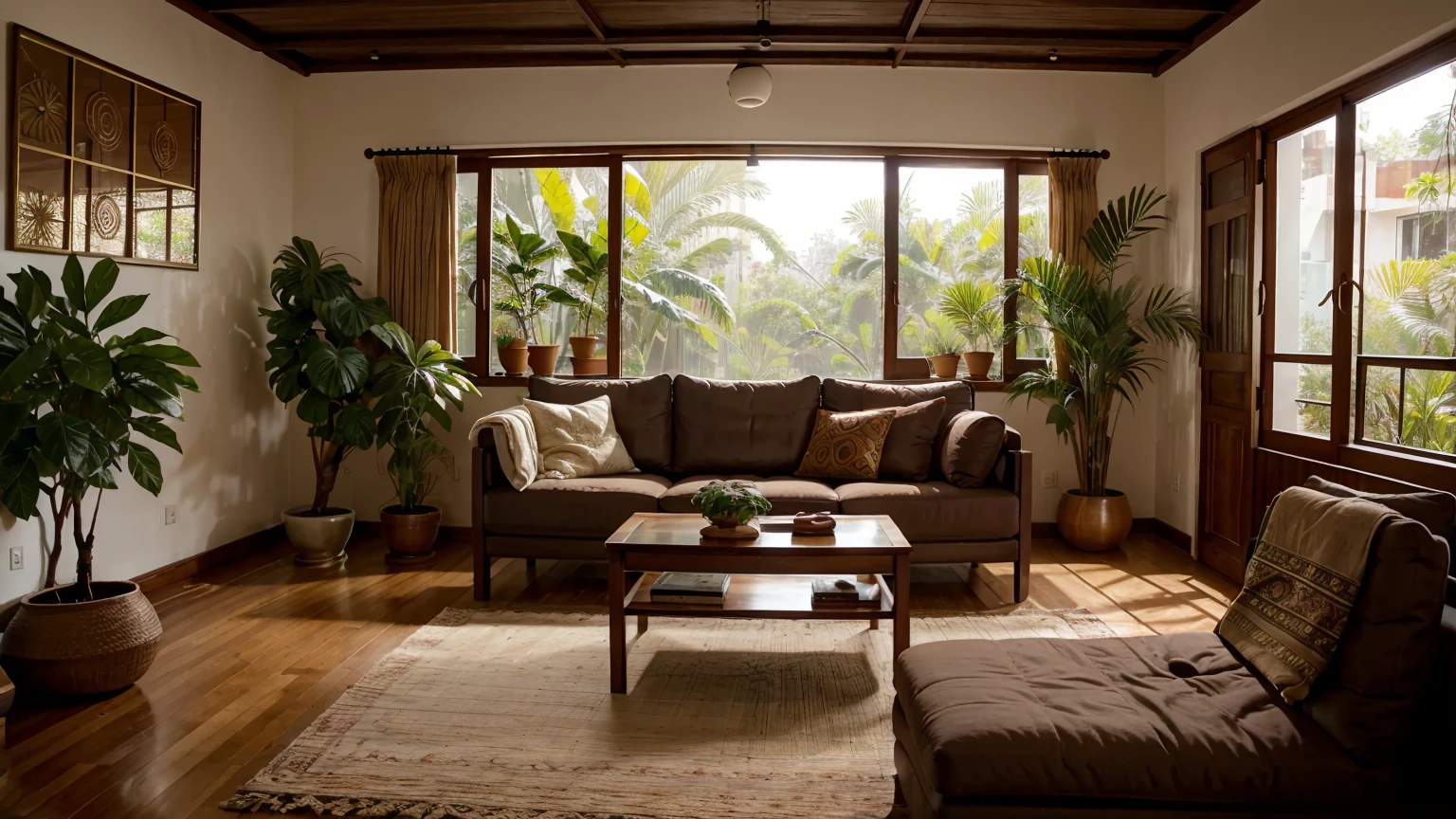 a cozy, modern living room in a small indian home, minimalist interior design, wooden furniture, plush sofa, armchair, coffee table, bookshelf, hanging plants, large windows, natural lighting, warm color palette, terracotta tiles, intricate textile patterns, indian ethnic decor, brass accents, soft ambient lighting, masterpiece, detailed, photorealistic