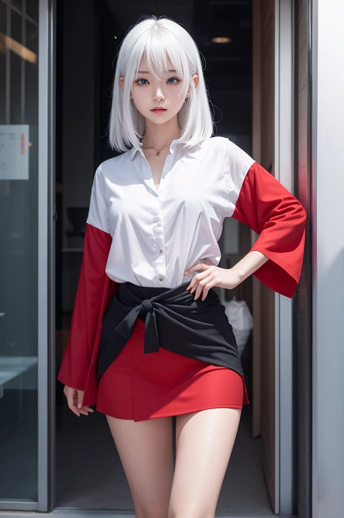 I want a Japanese anime girl with white hair, blue eyes, red blouse, black sohter Shorty