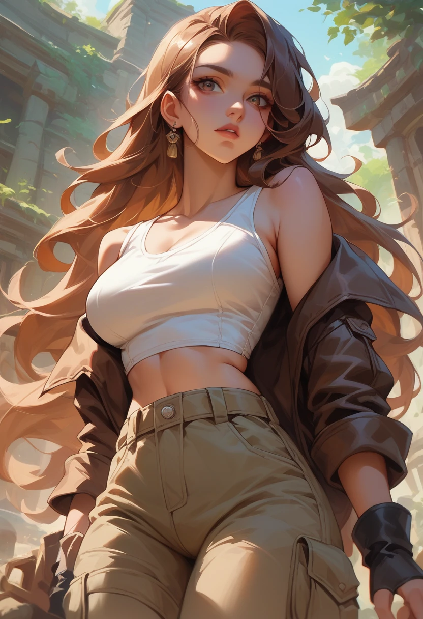 ８K、Very detailed、whole body、Brown medium-long hair、Wear a brown cropped leather jacket、Wearing a white tank top、Wear beige cargo pants、Wear brown short boots、Take a walk、A ruined temple overrun with vegetation、woman