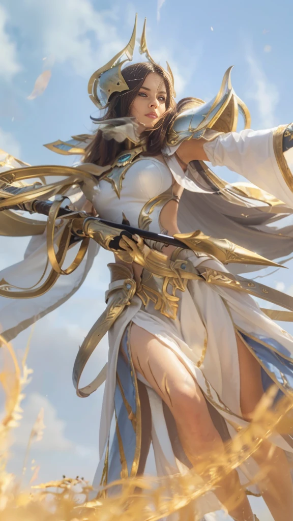 This is an image of a female character with white and gold armor, wielding a sword.