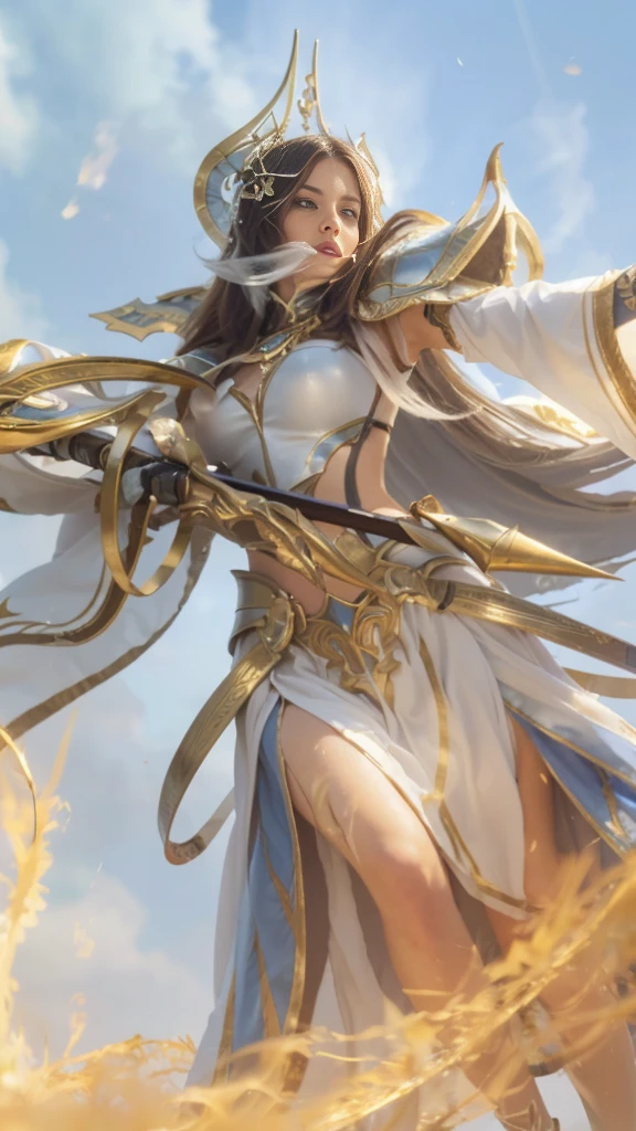  This is an image of a female character with white and gold armor, wielding a sword.