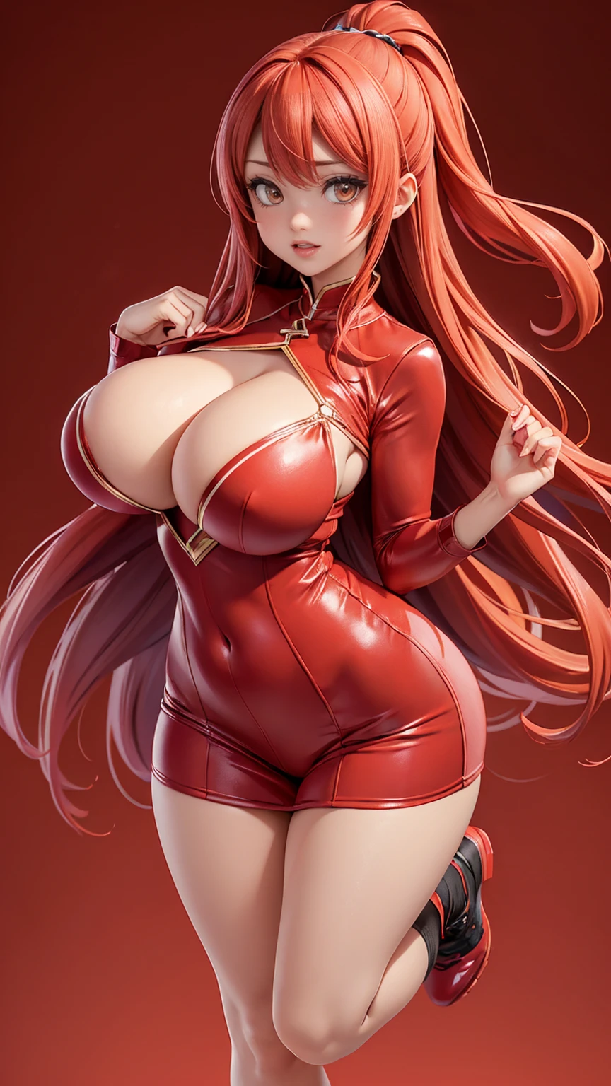 (full_body)、Woman、red_background、(big_breasts:1.5)、Detailed、POP、vivid、pose:1.2、Open chest、idol
