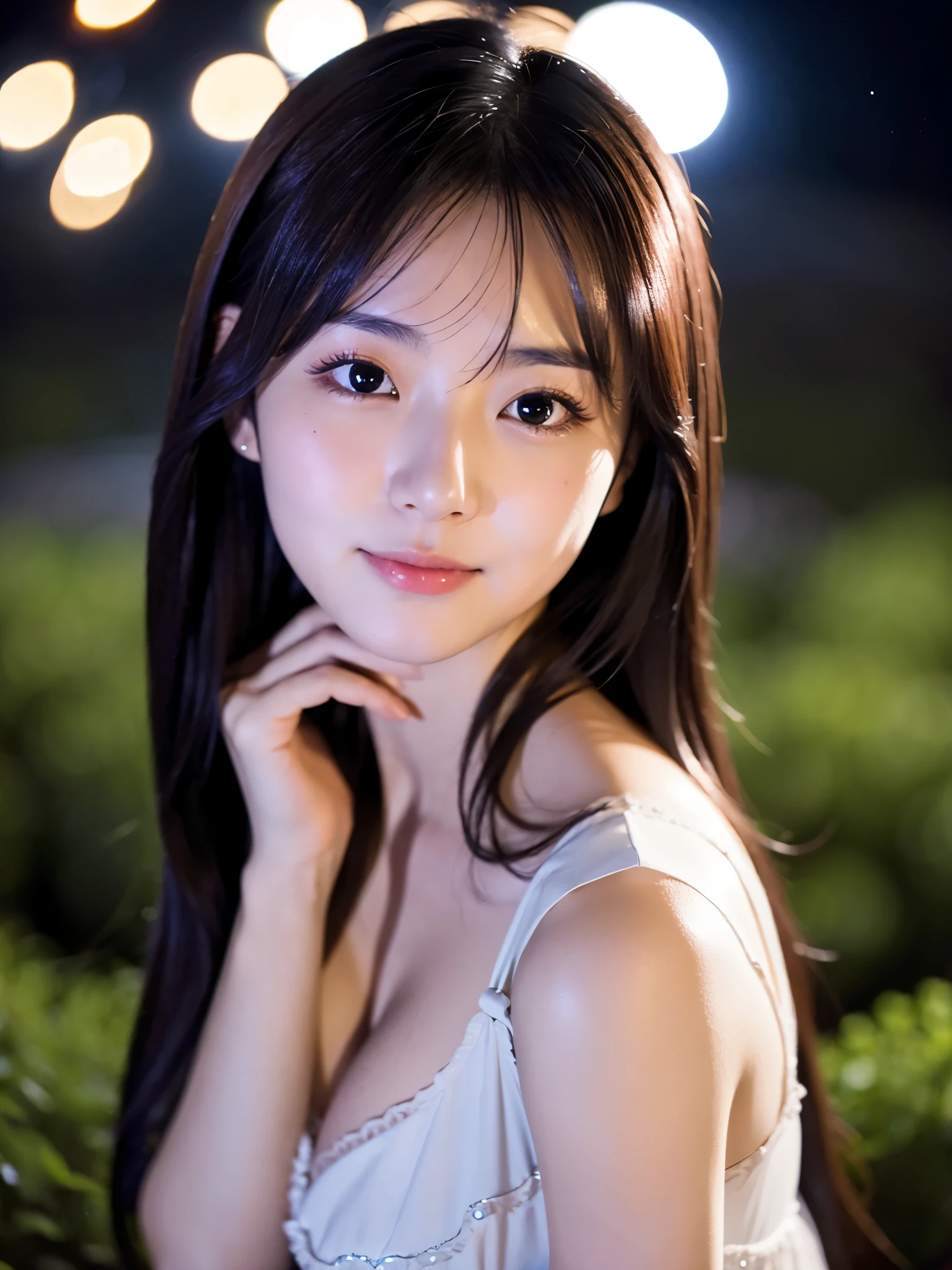 A very beautiful moonlit night、A woman with a very cute face like an idol、Cleavage、Facial depictions indistinguishable from real-life imageasterpiece