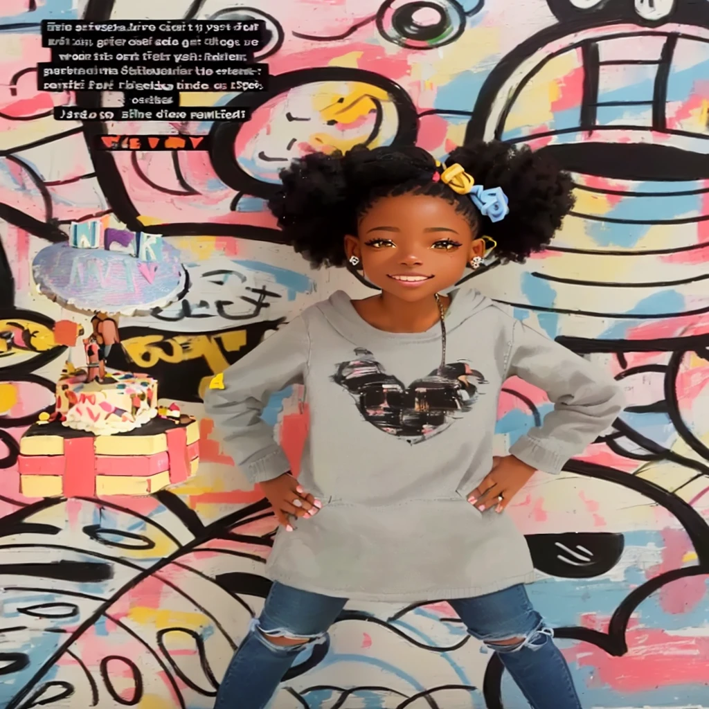 arafed girl standing in front of a wall with a cake, super cute funky black girl, african american girl, portrait willow smith, disney artist, added detail, !!beautiful!!, portrait of willow smith, profile picture, katelynn mini cute style, profile pic, inspired by Jean Micheal Basquiat, charicature, happy girl, photo portrait