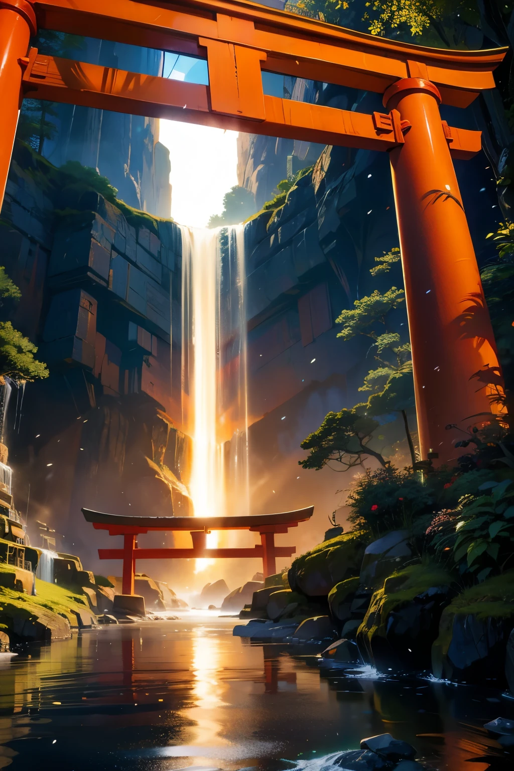 Light,shine,torii,waterfall,Streaks of Light,High resolution, High resolution, 8K, Masterpiece 2:1,