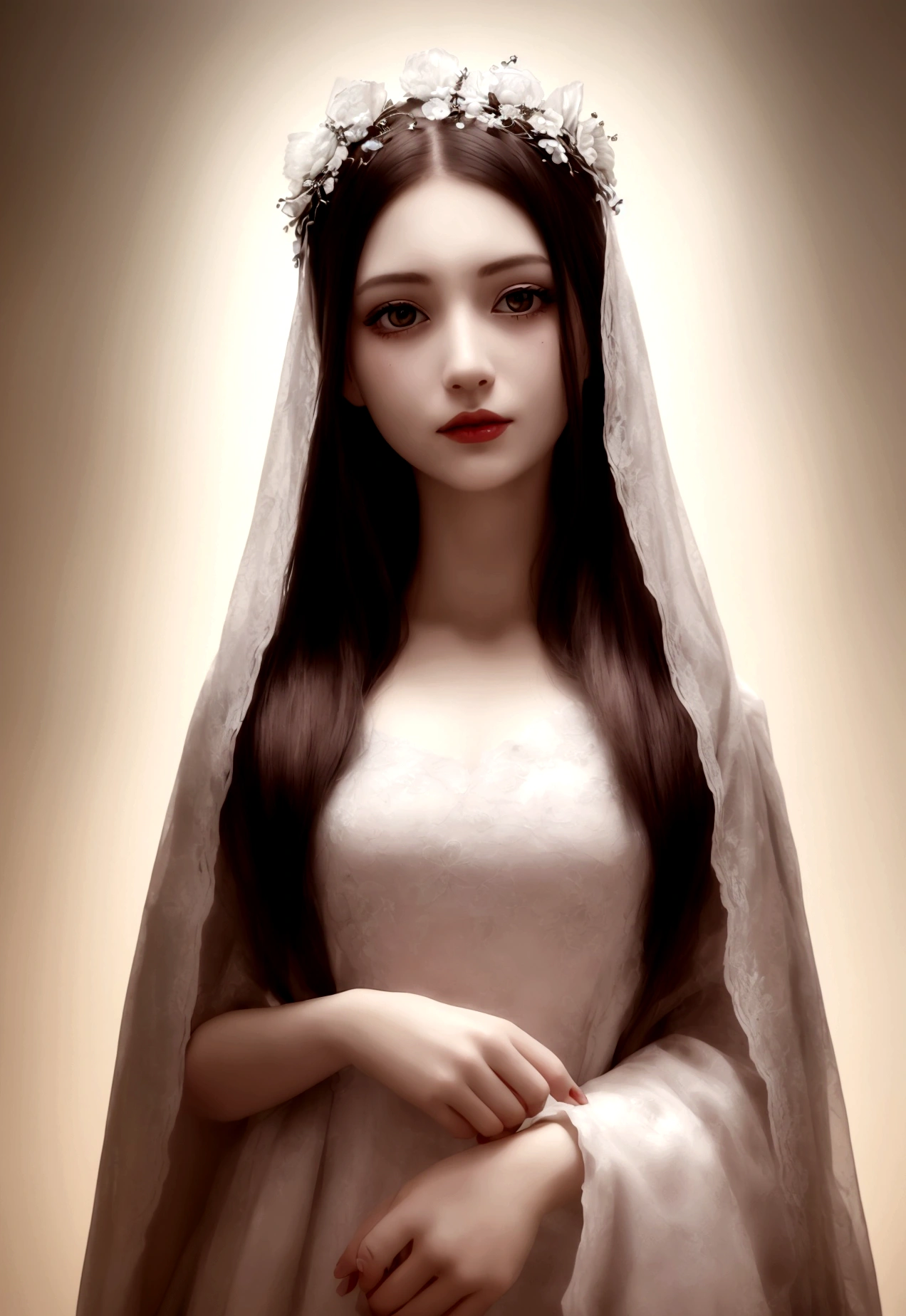 The woman's face is painted in a pale, almost white hue, giving her an ethereal appearance. Her facial features are well-defined, with high cheekbones and a sharply contoured jawline. Her expression is serene and introspective, with a subtle hint of melancholy. Her eyes are large and vibrant green, with intricate details in the irises that highlight their depth and brilliance. Long, well-defined eyelashes add to the intensity of her gaze. Her lips are full and painted in a vivid red, starkly contrasting with her pale skin. They are slightly parted, revealing a touch of sensuality. Her hair is a light brown, almost gray shade, appearing slightly tousled. Some strands gently fall over her face, while the rest flows freely. She adorns a floral accessory, possibly a veil or a crown of flowers, encircling the top of her head. The flowers are white and delicate, adding a touch of nature and purity to her image. The background is simple and white, making her figure stand out more prominently. The painting technique is detailed and stylized, blending realism with artistic elements, giving an illustrative feel to the image. The visible part of her neck and shoulders is painted in the same pale tone as her face, with minimal details, keeping the focus primarily on her face and expression.