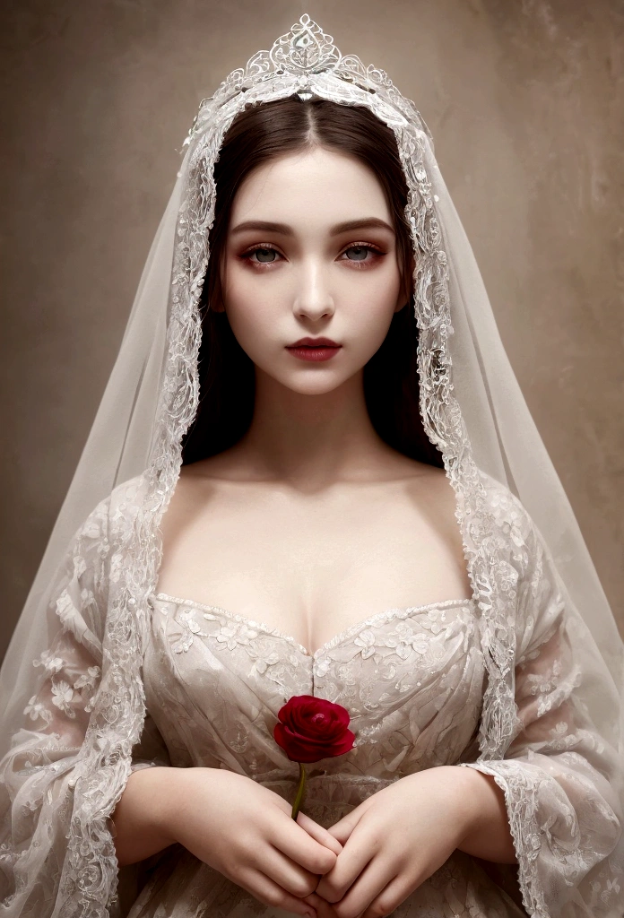 The woman's face is painted in a pale, almost white hue, giving her an ethereal appearance. Her facial features are well-defined, with high cheekbones and a sharply contoured jawline. Her expression is serene and introspective, with a subtle hint of melancholy. Her eyes are large and vibrant green, with intricate details in the irises that highlight their depth and brilliance. Long, well-defined eyelashes add to the intensity of her gaze. Her lips are full and painted in a vivid red, starkly contrasting with her pale skin. They are slightly parted, revealing a touch of sensuality. Her hair is a light brown, almost gray shade, appearing slightly tousled. Some strands gently fall over her face, while the rest flows freely. She adorns a floral accessory, possibly a veil or a crown of flowers, encircling the top of her head. The flowers are white and delicate, adding a touch of nature and purity to her image. The background is simple and white, making her figure stand out more prominently. The painting technique is detailed and stylized, blending realism with artistic elements, giving an illustrative feel to the image. The visible part of her neck and shoulders is painted in the same pale tone as her face, with minimal details, keeping the focus primarily on her face and expression.
