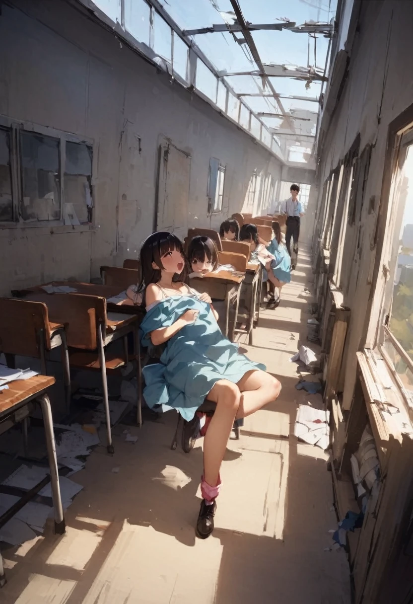 lying、School、In the classroom、Girl、Girl、Short、Younger、Lower school year、Baby Face、flat chest、Dynamic Angle、masterpiece、best quality、ultra-detail、Great Khan、The air conditioner is broken、Summer sunshine、Miniskirt、Panties、Spreading legs、Looks hot、Desks and chairs lined up、corridor、window、Seems like a hassle、Complaining、There are several classmates behind me.、Clothing、Untidy appearance、Her chest is exposed、Wide Stride、Fan、With his mouth open sloppily