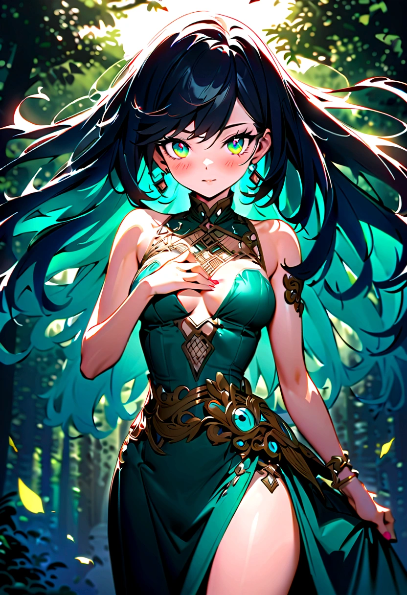 In a captivating scene, a timeless beauty emerges, embodying the legendary Milf style of the beloved game, The Legend of Zelda. Her raven hair cascades down to her waist, framing her captivating face, adorned with a subtle blush and bright, enchanting eyes. Her iconic green garb is intricately detailed, accentuating her perfect figure with medium breasts and perfect hands. The background is a lush, enchanted forest, with the soft glow of an evening sun casting a warm hue over the scene. The image is enhanced with a radiant aura, symbolizing her powerful and enchanting presence in this anime-inspired