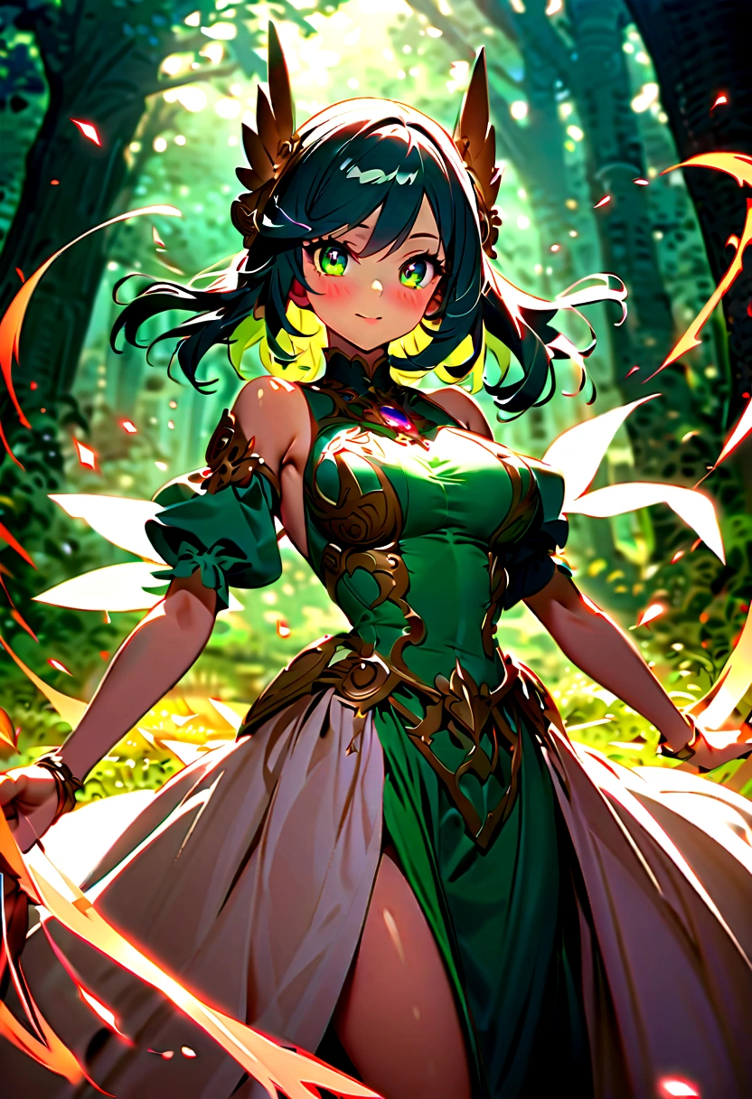 In a captivating scene, a timeless beauty emerges, embodying the legendary Milf style of the beloved game, The Legend of Zelda. Her raven hair cascades down to her waist, framing her captivating face, adorned with a subtle blush and bright, enchanting eyes. Her iconic green garb is intricately detailed, accentuating her perfect figure with medium breasts and perfect hands. The background is a lush, enchanted forest, with the soft glow of an evening sun casting a warm hue over the scene. The image is enhanced with a radiant aura, symbolizing her powerful and enchanting presence in this anime-inspired