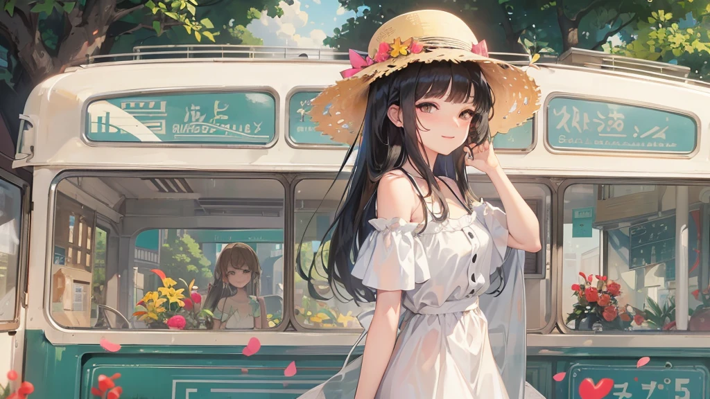 Perfect Anatomy, masterpiece:1.4, Highest quality, 8K, beautiful and detailed growth, Utopian performance, In summer, Standing Solo:1.3 ((Blunt bangs)) (Very cute girl with long black hair, , Sexy eyes closed, Cute smile), break, Wearing a long white dress, Straw hat, Midsummer Weather, At a rural bus stop, The background is an open waterfall.