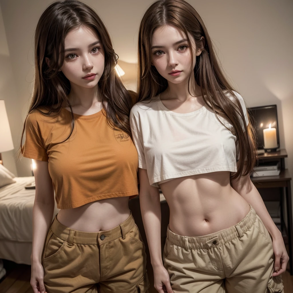 A beautiful young woman, in her late 20's, dimly lit room, candlelight, pale white skin, long light brown hair, orange eyes, wearing loose fitting brown cargo pants, wearing a red cropped t-shirt, exposed midriff, 8k UHD, extremely detailed, well lit