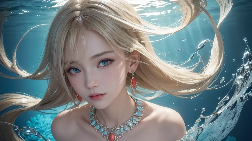（Highest Quality Realistic Textured Skin),(terrible),(OK, round, Symmetrical eyes),Delicate facial features,(Burning bright cold eyes),(She has a mischievous smile),(Her face is kind and beautiful),Glass earrings in the ears,,(blonde),(Silvery white hair),(Chestnut Hair),(Swim at the bottom of the ocean)，(Full body portrait:1.5),(Dramatic Photos:1.4),(Dramatic Pose),(Flashy photos)(look up),(Looking down),(Around her neck is a simple necklace made with exquisite craftsmanship.),Cluttered photos，(Hair flowing in water:1.5),(Underwater, Life at sea, 美しいCoral Reef, fish),(Background vortices and currents),(Dramatic Light),(Nice views),(美しいfishに囲まれて),遠くの背景にはCoral Reefに沈んだ寺院が見える,Coral Reef,Spectacular realism,Cinematic atmosphere,(High-density image review:1.5),(Soft colors:1.2),Very detailed,Dramatic Light,(Intricate details:1.1),Complex background,
