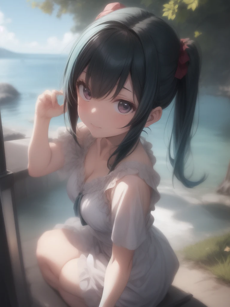 The background is in the style of Makoto Shinkai, with the viewer sitting in nature under a clear blue sky.。
Hatsune Miku in a shoulder-baring dress。
The color of the dress is white。
A sexy, mature atmosphere reminiscent of Minato Ward girls。
Hair is straight。