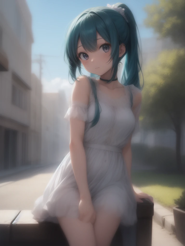 The background is in the style of Makoto Shinkai, with the viewer sitting in nature under a clear blue sky.。
Hatsune Miku in a shoulder-baring dress。
The color of the dress is white。
A sexy, mature atmosphere reminiscent of Minato Ward girls。
Hair is straight。
