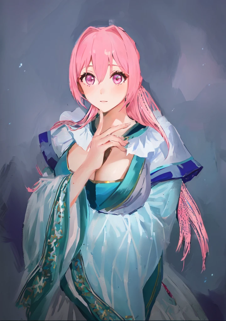 Pink Hair、Anime girl in blue dress poses for photo, Pink ponytail hair and pink eyes, Produced in collaboration with Anime Painter Studio, In the anime painter studio, Portrait of the Knights of the Zodiac, Sonison,超级Sonison,Celluloid