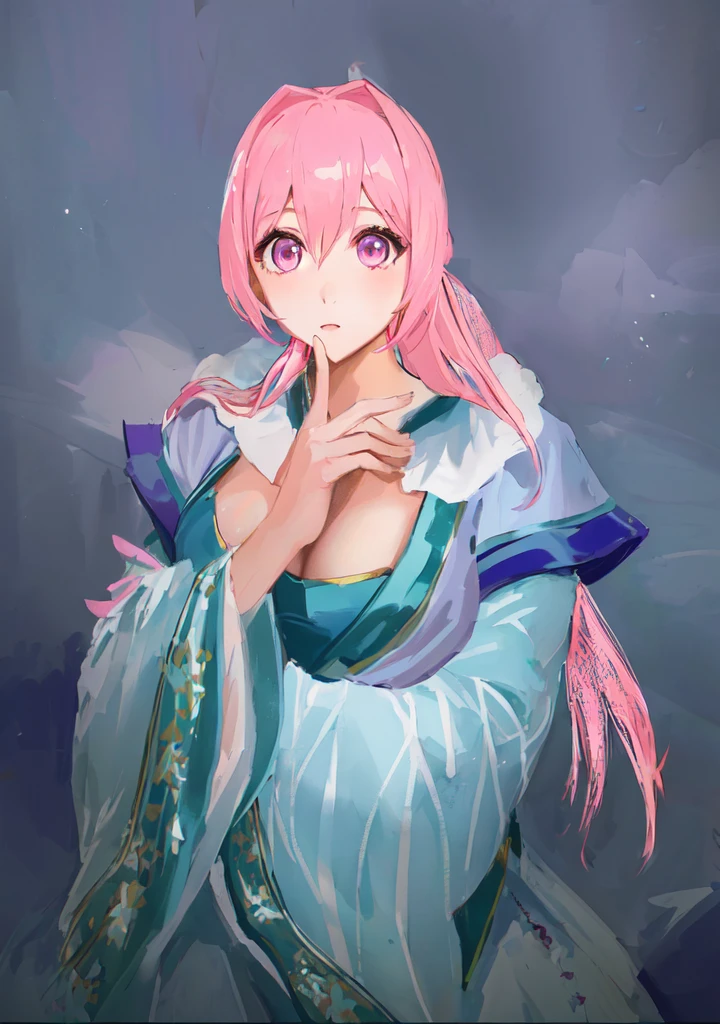Pink Hair、Anime girl in blue dress poses for photo, Pink ponytail hair and pink eyes, Produced in collaboration with Anime Painter Studio, In the anime painter studio, Portrait of the Knights of the Zodiac,  Sonison，超级Sonison，Celluloid