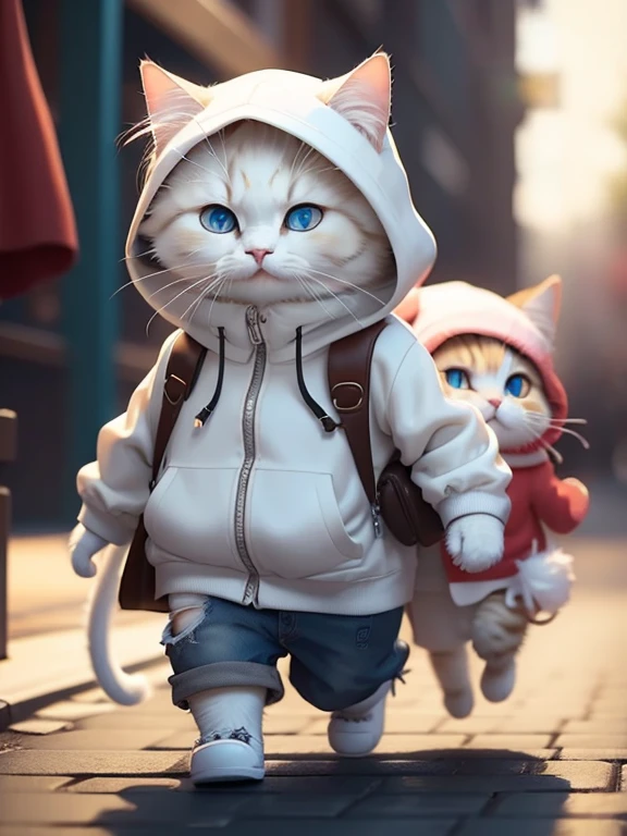 Fluffy white cat, Adventurer,Very detailed cat and fur, Wearing a white hoodie, Wandering , two animal,Highly detailed images, Kodak 400, Atmospheric light, 50mm lens, (Cat Eyes and Feature Details) Realistic Cat, blue eyes,8K,cute,Chubby,No pattern on body、Whole white,Two cats fightin,