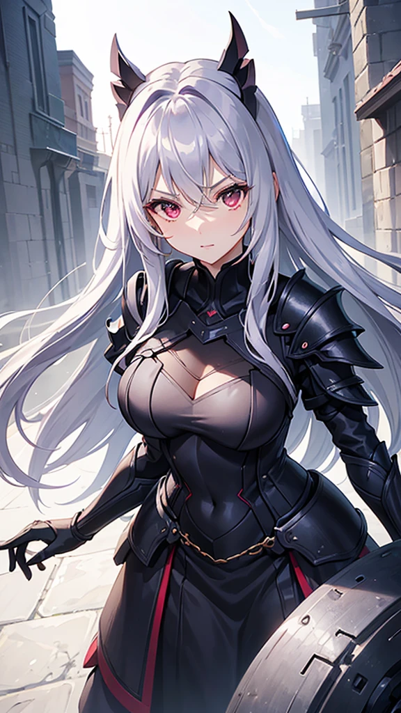 1 gorgeous, beautiful, cute, female adult woman, she has long hair and is wearing a dark purple knight armor, she has silver hair and red eyes, she is looking at the viewer, she has, no hair between her eyes, she is standing looking at the viewer, shy, whole body, covered in armor