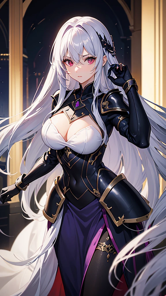 1 gorgeous, beautiful, cute, female adult woman, she has long hair and is wearing a dark purple knight armor, she has silver hair and red eyes, she is looking at the viewer, she has, no hair between her eyes, she is standing looking at the viewer, shy, whole body, covered in armor
