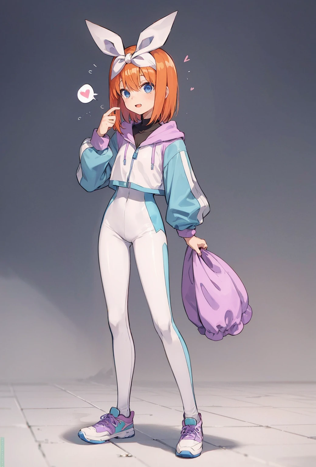 score_9, score_8_up, score_7_up, score_6_up, source anime, city background, street background, deep focus bokeh, nakano yotsuba, (1 girl) Sfw, yotsuba nakano, pretty age girl with short orange hair, heart shaped lips and blue eyes making a cute face, aayotsuba, Nakano yotsuba, from The Quintessential Quintuplets, Yotsuba Nakano, masterpiece, 4k, ultradetailed, cowboy shot, nakano Yotsuba, pink orange hair, blue eyes, white minimal simple sporty outfit, lilac skiing wear, lilac matching set, lilac iridescent matching set, long sleeved lilac gym zip suit, lilac skiing tight fitting pants, sporty luxury outfit, minimal outfit, simple outfit, fitting clothes,, simple outfit, all lilac outfit, full body, dynamic pose, moving, dynamism, hair between eyes, kawaii, lovely, cute face, smile, embarassed face, green hair ribbon