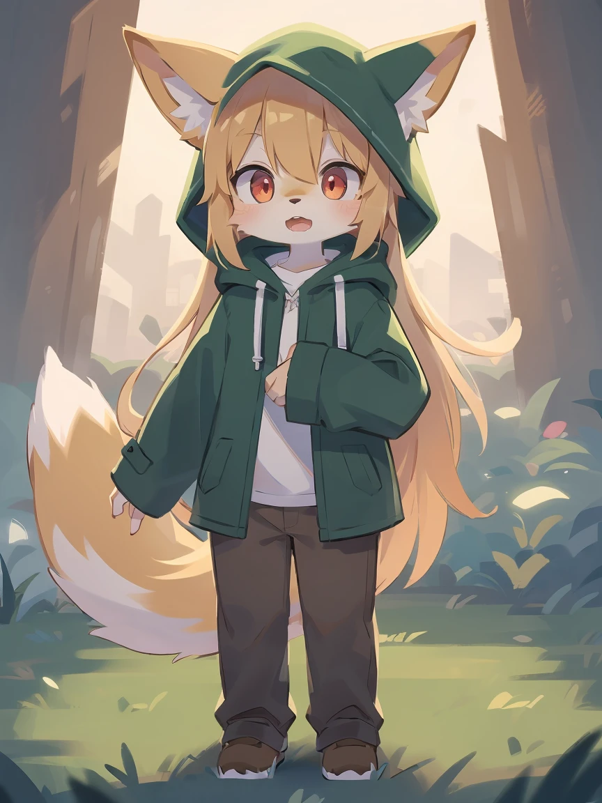 flat color, shota the fox, , was hairy, shaggy, skin fur, smooth lashes, golden fur, forelimb hands, straight long blonde hair, solid circle eyes, golden ears, golden fur, golden facial fur, shiny hair, red eyes, super cute face, 1fox tail, fluffy tail, furry tail, glowing eyes, green coat green hood down, brown trousers, standing, open mouth, ambient light, ultra-fine fur, dashed eyes, (full body), masterpiece, high quality, high-details, best quality, (solo)