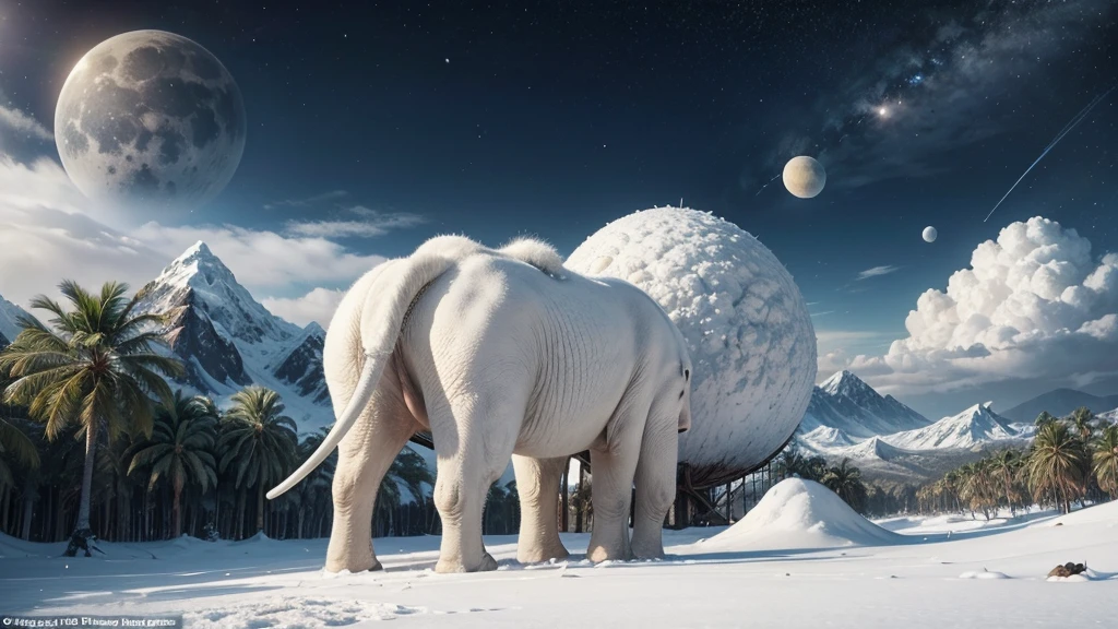 An uninhabited planet where there are two giant moons, coconut trees with navy blue leaves, big snow mountains, and animals similar to white elephants with soft, dense fur and the Brazilian flag printed on their belly