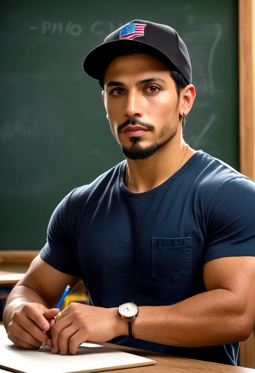 realistic writing on a blackboard in a classroom, high, latino, handsome, attractive, with cold hat, clear-eyed, barba larga, short hair, black t-shirt, athletic, blue jeans, pair of rings, small earring in right ear. photo the 3/4 plano americano