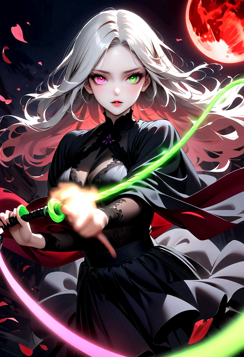 1 Girl, Beautiful and delicate eyes, Heterochromia,Beautiful and delicate lips, Extremely detailed eyes and face, Long eyelashes, Elegant Posture, White long hair, Black pleated skirt, (((Glowing Green Whip, Motion Blur, Petals in the air,))) Blurred foreground, Focus on the face, Japanese anime art style, Powerful energy, Dynamic Action, Red Moon, dark purple tones,