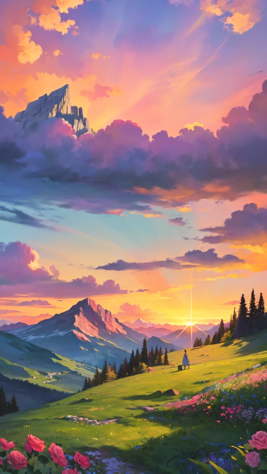 In the verdant countryside, a corridor of towering rocky mountains stretches out, its jagged peaks kissed by an ethereal glow of the setting sun. The landscape is draped in a symphony of colors, with lush green vegetation outlining the mountain base, their vibrancy contrasting against the looming rocks. Roses and various flowers dot the landscape, their petals soft and delicate, while huge and full clouds float overhead, painted with hues of orange, pink, and purple. The sky above is a breathtaking canvas of nature's artistry, as the sun dips below the horizon, casting long shadows across the verdant countryside.