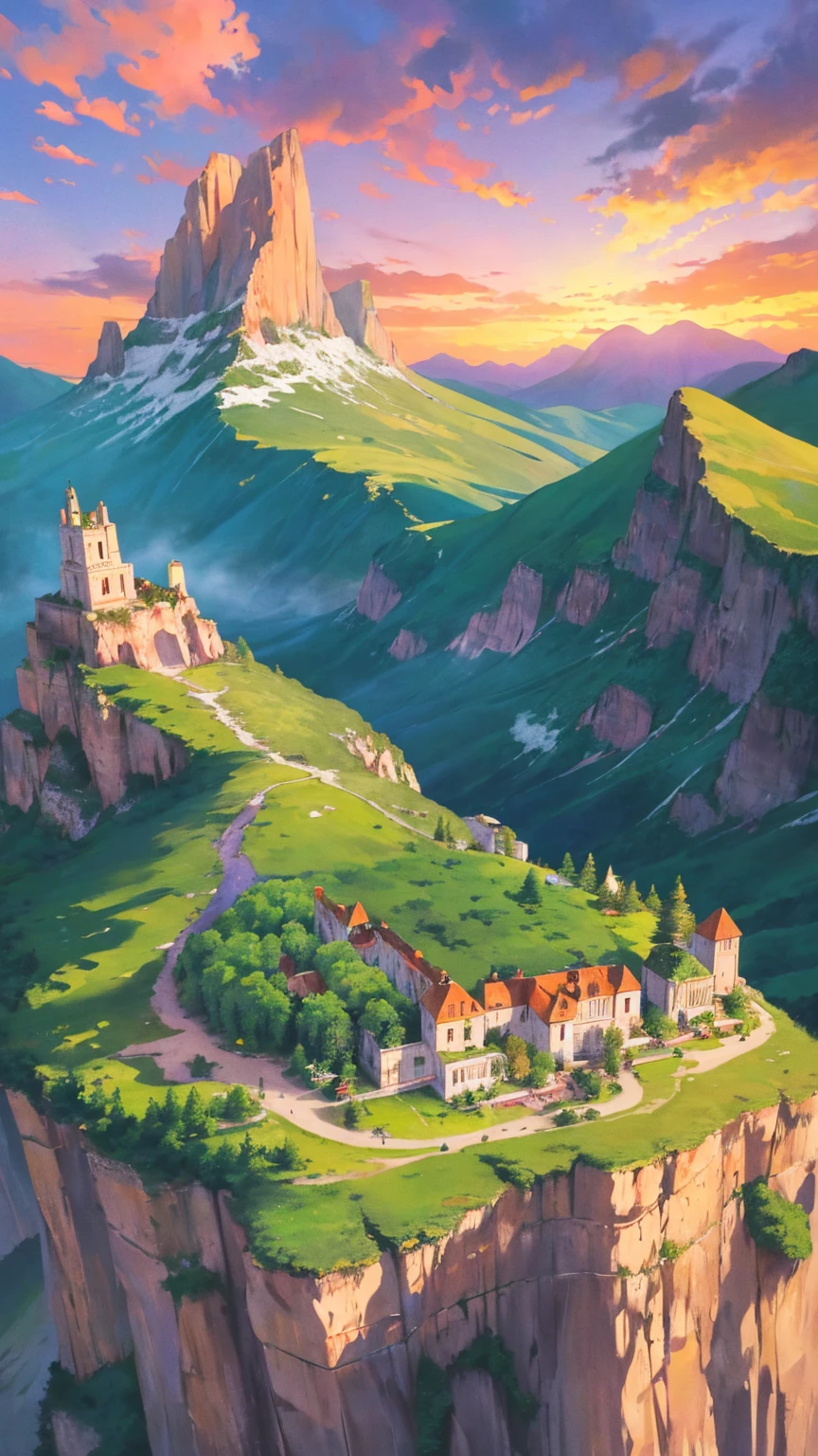 In the verdant countryside, a corridor of towering rocky mountains stretches out, its jagged peaks kissed by an ethereal glow of the setting sun. The landscape is draped in a symphony of colors, with lush green vegetation outlining the mountain base, their vibrancy contrasting against the looming rocks. Roses and various flowers dot the landscape, their petals soft and delicate, while huge and full clouds float overhead, painted with hues of orange, pink, and purple. The sky above is a breathtaking canvas of nature's artistry, as the sun dips below the horizon, casting long shadows across the verdant countryside.