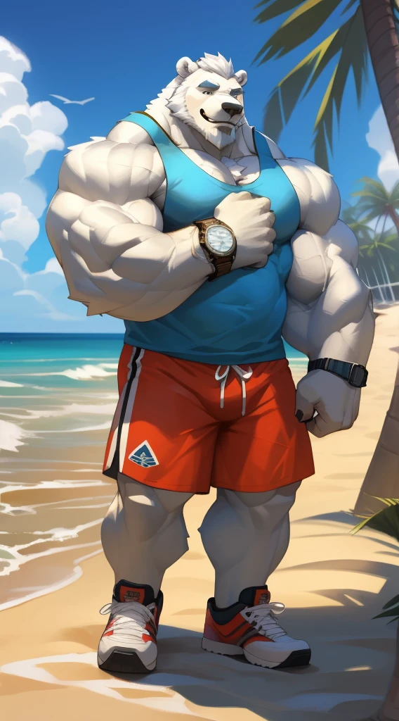 huge muscular polar bear in street city, big smile, polar bear, huge white fur, thick arm, huge arm, bearded. white hair and beard, bearded, (muscular, pectoral, wide pectoral, thick arms), beach, palm, realistic, 8k, masterpiece, (wearing white shorts, wristbabd, watch and tank top, shoes)