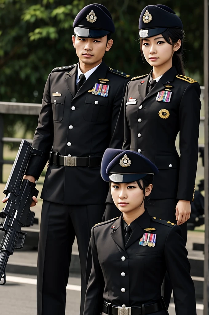 Long Black Hair、woman、guard、Black Uniform、Black trousers、Height 200cm、Stocky build、Muscular、pretty close、corridor、Real expression