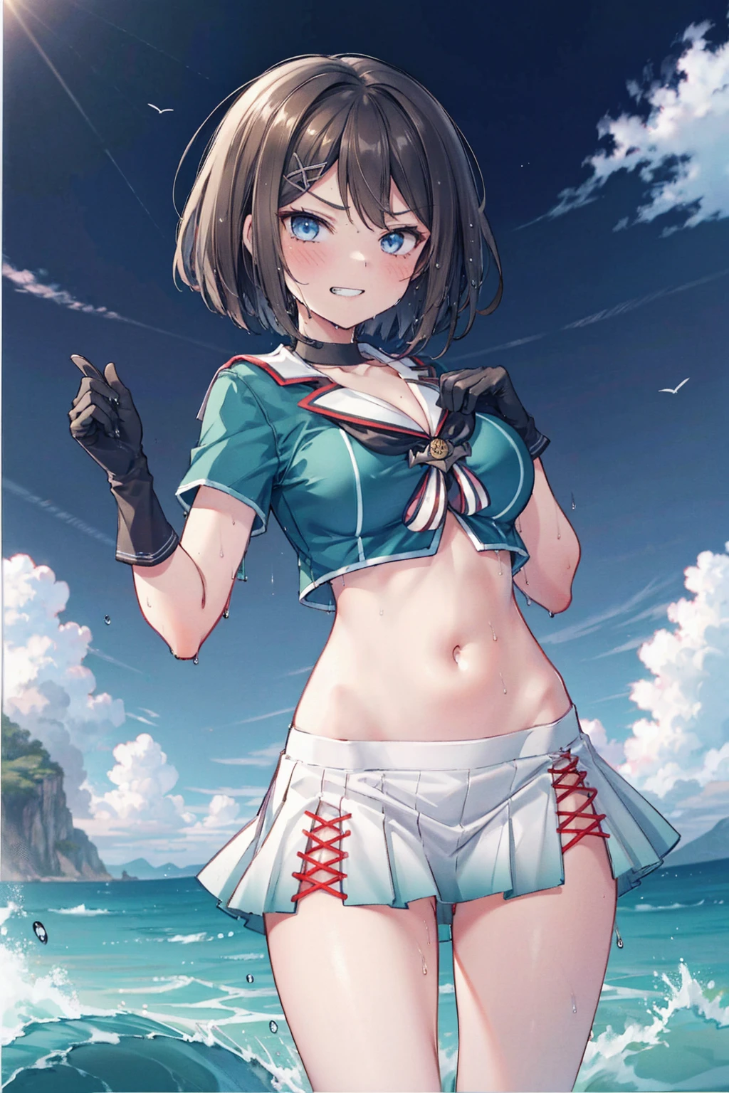 ung_teeirl, , brown_hair, medium_bob_hair, blue_midriff_baring_sailor_uniform, mini_skirt, short_sleeve, thighs, gigantic_breasts, angry, smile, grin, standing, harbor_background, slightly_spread_Legs, happiness, short_gloves, wet,,covered_nipples, covered_crotch,Maya_flag,