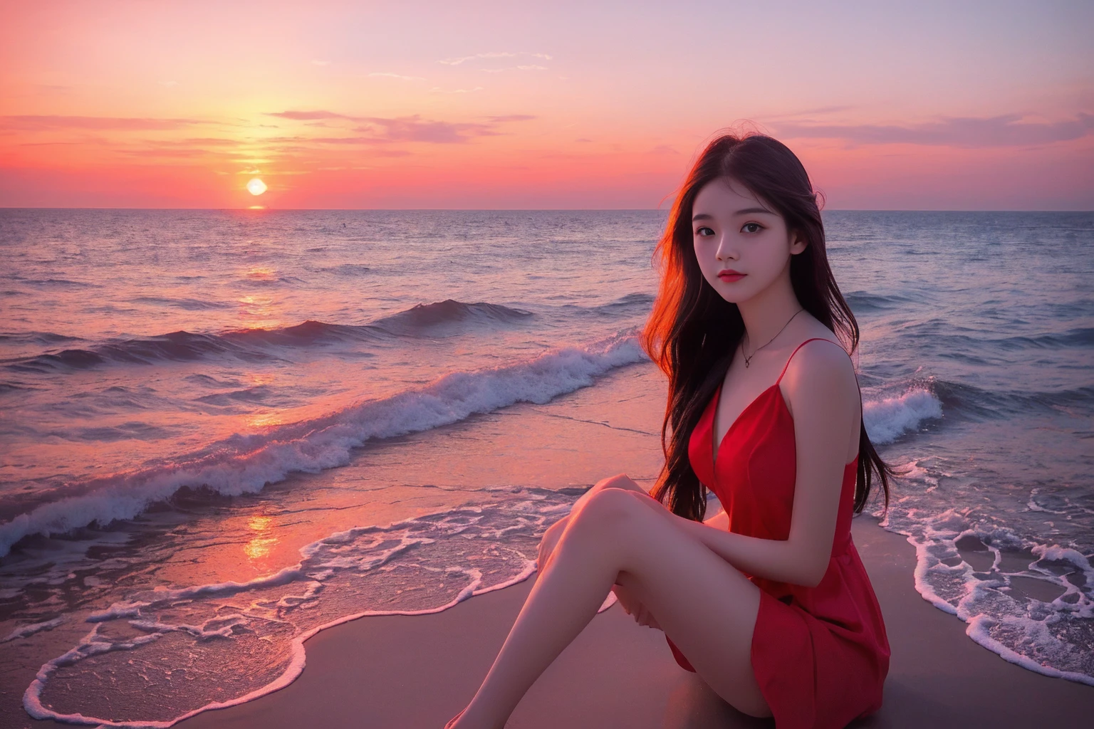Highest quality I feel lonely Photo style Real Fantasy Red World Cute girl at sunset sea