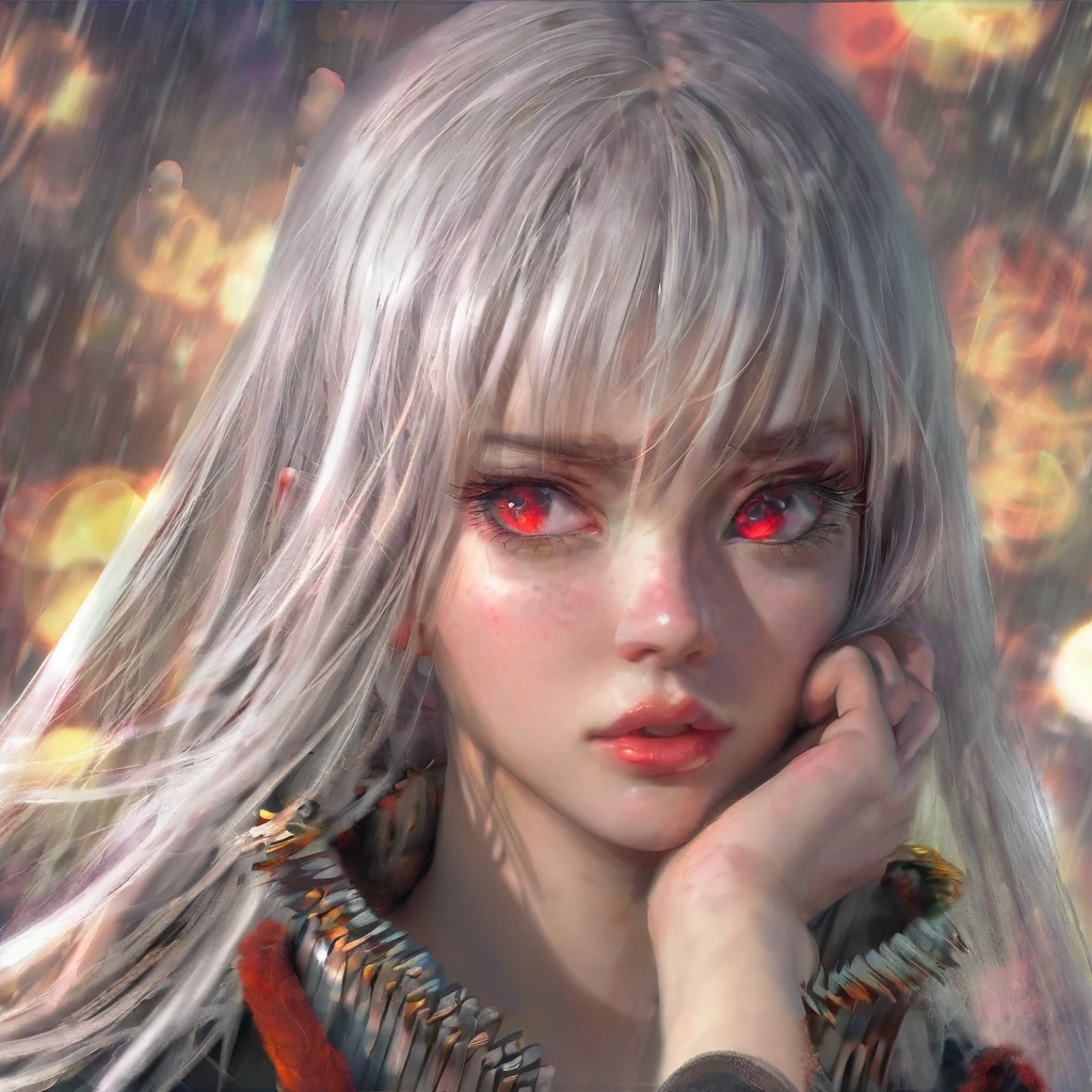 a gorgeous woman, long white hair, crimson dull eyes, long eyelashes, serious expression, unsatisfied look, 1girl, detailed eyes, detailed lips, extremely detailed face, high quality, 8k, ultra-detailed, realistic, photorealistic, photo-realistic, HDR, UHD, studio lighting, ultra-fine painting, sharp focus, physically-based rendering, extreme detail description, professional, vivid colors, bokeh, portrait